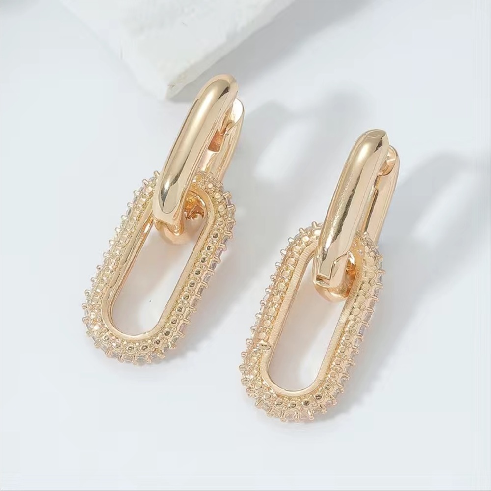 NEW 18K Gold plated zircon mosaic copper link earrings every day chic nwt
